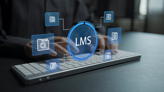 LMS learning management system concept. Person typing keyboard with online course and education icons, digital learning platform, training management and e-learning technology.
