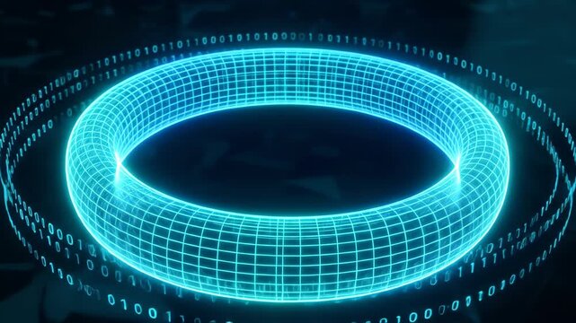 A futuristic neon blue holographic cyber shield ring with orbiting binary data particles creates a digital firewall in a dark abstract tech corporate space.