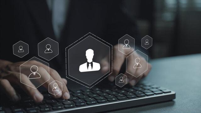 HR management system platform concept. Person typing keyboard with employee management icons, workforce planning, recruitment management and human capital development.