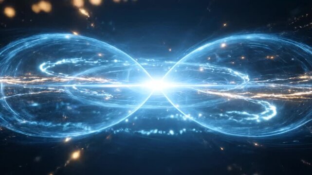Two celestial orbs merge in an abstract depiction of cosmic energy and light in the dark