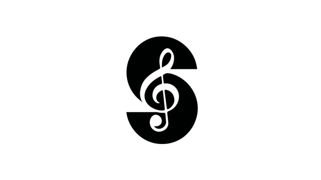 Modern black S letter incorporating a treble clef symbol, a graphic design representing music, sound, melody, and rhythm, isolated on white.