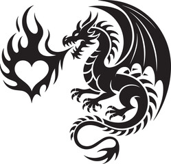 Dragon breathing fire with heart emblem graphic