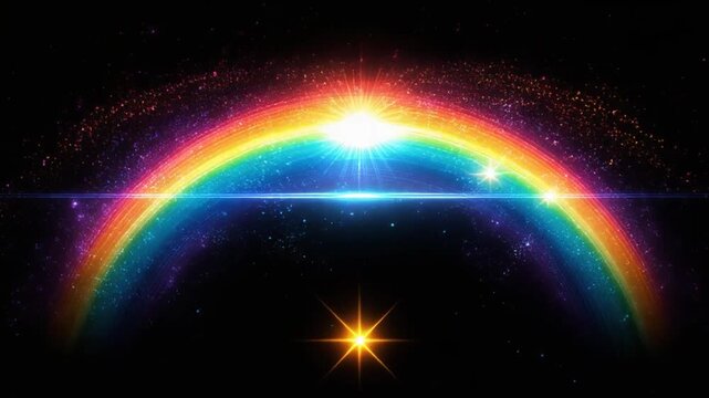 A vibrant rainbow arching across a star-filled night sky, with bursts of light and color