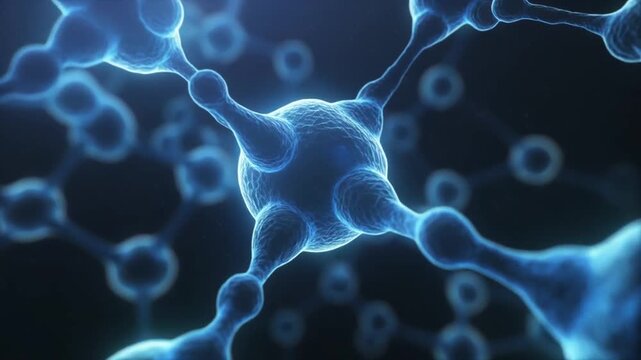 Molecular structure with glowing blue atoms and connections on a dark background, possibly for scientific or medical use
