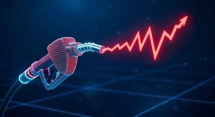 Digital fuel pump with rising price graph, glowing on blue background