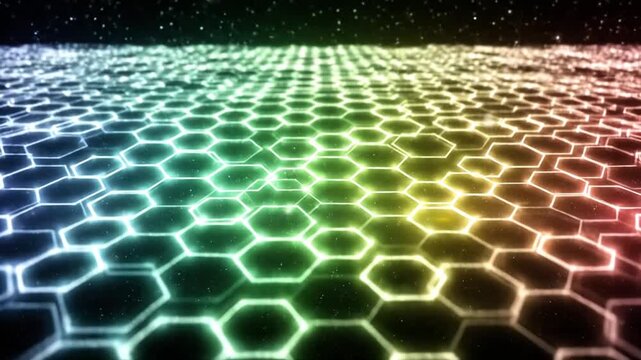 Animated perspective of geometric, colorful honeycomb pattern with glowing edges and celestial glow