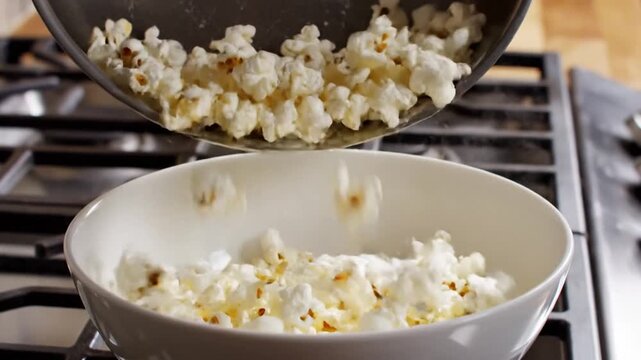 Person pouring freshly popped popcorn from metal pot into white bowl on stovetop