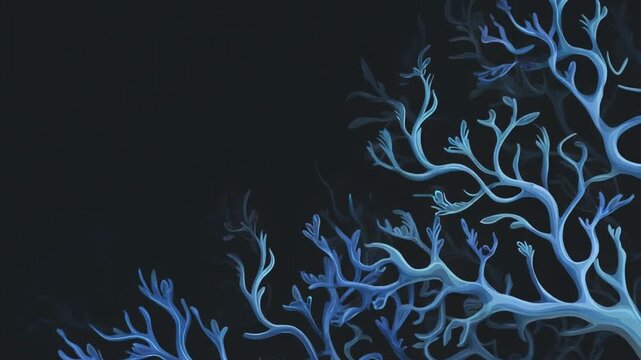 Digitally rendered illustration of blue branches with delicate leaves, against a stark, black background