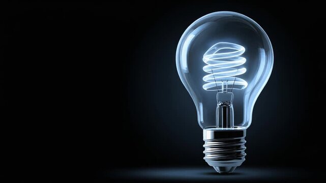 A glowing, stylized light bulb with a spiraling filament against a deep black background
