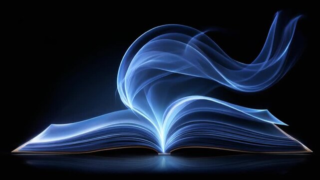 An open book radiating light and flowing, ethereal blue lines on a black background