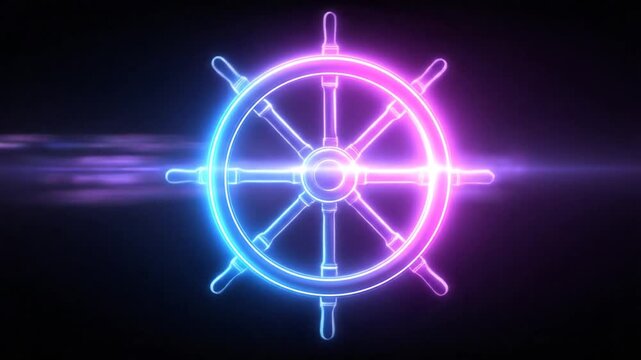 Illuminated ship's wheel graphic, blue and pink, centered on a dark background with light effect