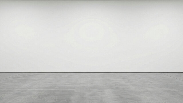 Minimalist empty gallery room with white wall and polished concrete floor