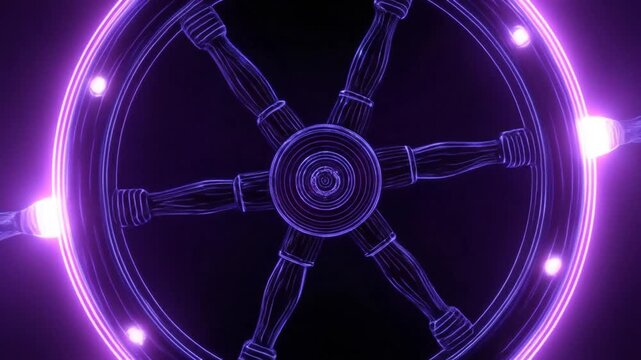 Glowing neon purple image of a ship's steering wheel on a dark background