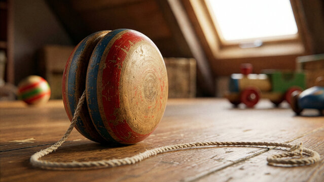 Vintage wooden yo-yo toy with string on wooden floor in sunny attic room