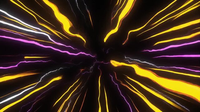 Vibrant yellow, purple, and white neon light streaks on black backgrou