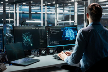 Technician working in data center with equipment managing AI training datasets. IT professional overseeing machine learning gear in server hub supporting scalable infrastructure for AI apps