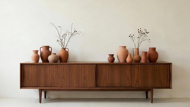 Mid century modern walnut sideboard with collection of terracotta vases