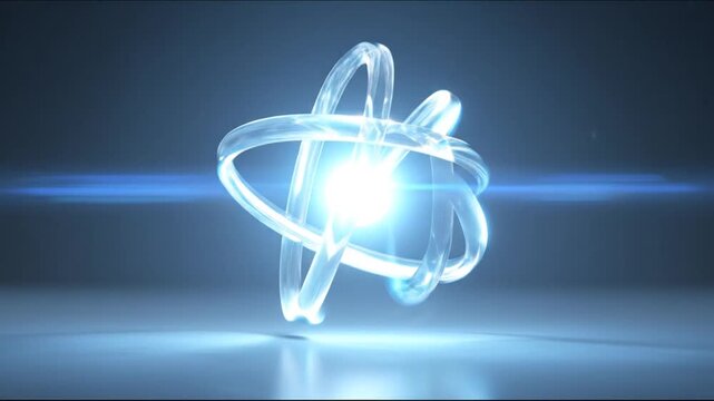 A 3D rendered atom model, with transparent rings rotating around a central luminous sphere on a blue gradient