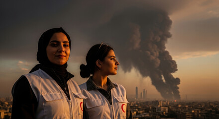 Two women in vests look on as smoke rises behind them in a cityscape during sunset.