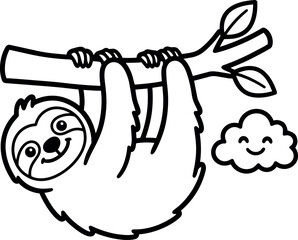 Fototapeta premium Cute smiling sloth hanging from tree branch with leaves and happy cloud cartoon vector art