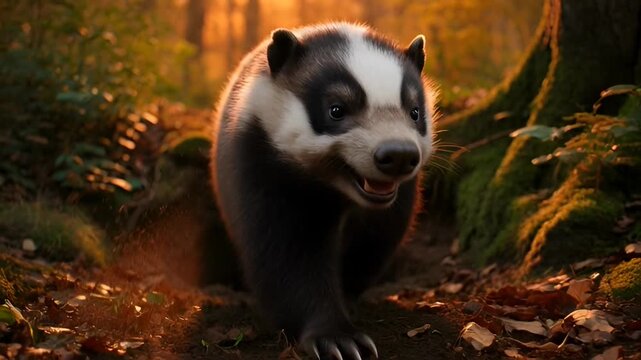 A close-up shot of a European badger emerges from its forest den, with a captivating expression, showcasing its striking black and white striped face.
