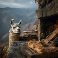 Fototapeta premium Curious llama observes traditional outdoor cooking near a rustic stone oven, set against a majestic mountainous backdrop, suggesting a simple, authentic way of life.