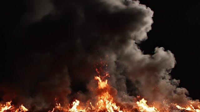 large fire with flames and smoke on black background