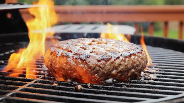 A hamburger sizzles on a backyard grill with flames rising, near a wooden deck on a sunny day, perfect for a summer cookout