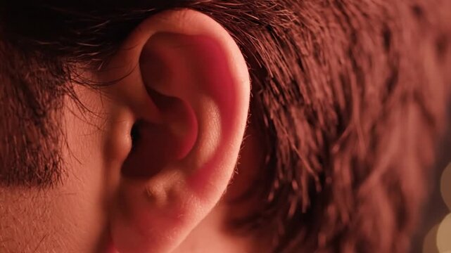 Closeup of a human ear with brown hair in a warm lighting environment with bokeh effect