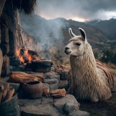 Fototapeta premium Ancient hearth ritual with a serene llama observing the primal warmth of fire in a conceptual mountain landscape.