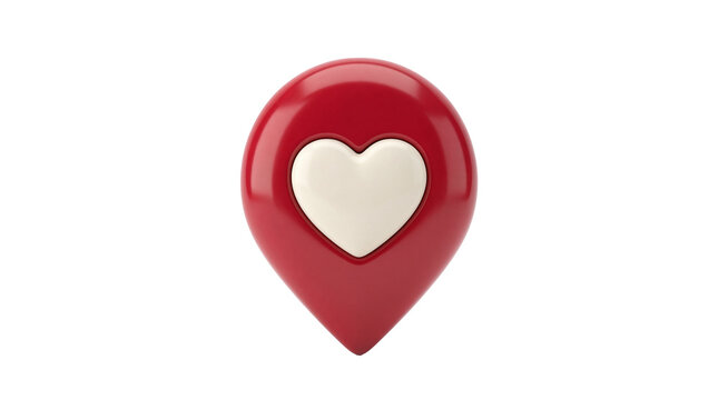 Glossy red 3D map pin icon with a white heart symbol, isolated, perfect for favorite locations, love, romantic travel, or social media PNG