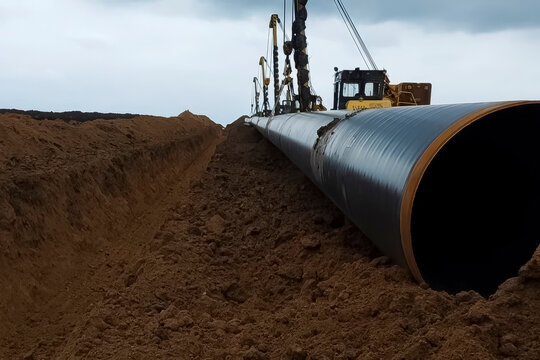 hoists synchronously move installed pipeline into the trench dug for it. Installation of a gas pipeline