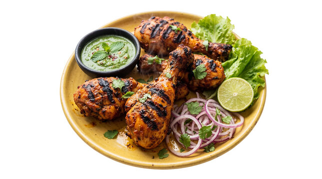 Delicious grilled Tandoori chicken drumsticks with fresh mint chutney, red onion rings, and lime, perfectly isolated PNG on transparent background for menu design
