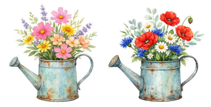A watercolor illustration of a watering can with wildflowers for cottage garden decor, farmhouse floral designs, spring invitations, and botanical illustrations.