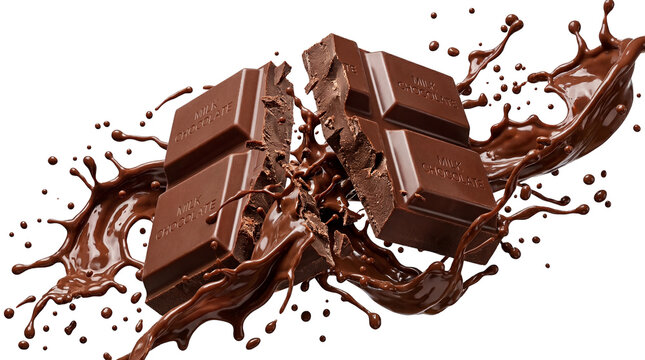 Delicious milk chocolate bar breaking into pieces with dynamic splashes and drops, isolated PNG on transparent background, a sweet dessert treat