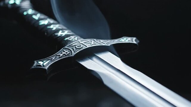 Close-up of a double-edged sword with intricate handle and guard, emitting smoke, on a dark background, possibly for fantasy or medieval-themed projects