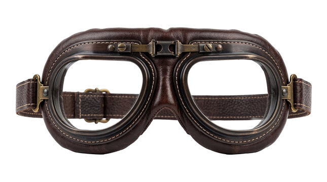 Vintage aviator goggles with dark brown leather and brass accents, isolated PNG on transparent background, retro pilot eyewear for historical themes