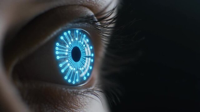 Close-up of a human eye with a futuristic, glowing blue iris, dark background, technology concept