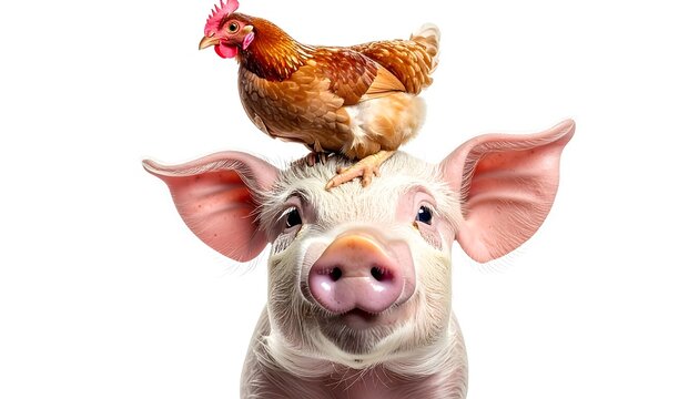 A Chicken Perched Atop a Pigs Head - A Whimsical Portrait.