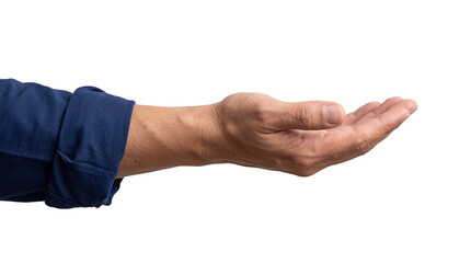 Male hand with blue shirt sleeve, palm up in a gesture of offering or receiving, isolated on transparent background, ready for design projects © Hans