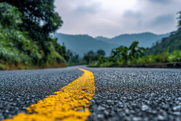Winding road with bright yellow center line leading through lush green hills under a cloudy sky in a serene natural landscape setting