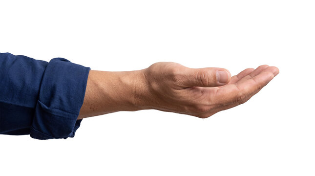 Male hand with blue shirt sleeve, palm up in a gesture of offering or receiving, isolated on transparent background, ready for design projects