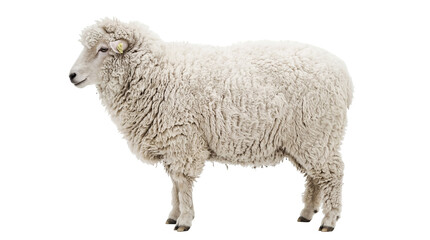 Fluffy white sheep with thick wool and an ear tag, standing calmly, isolated on transparent background, a farm animal PNG © Hans