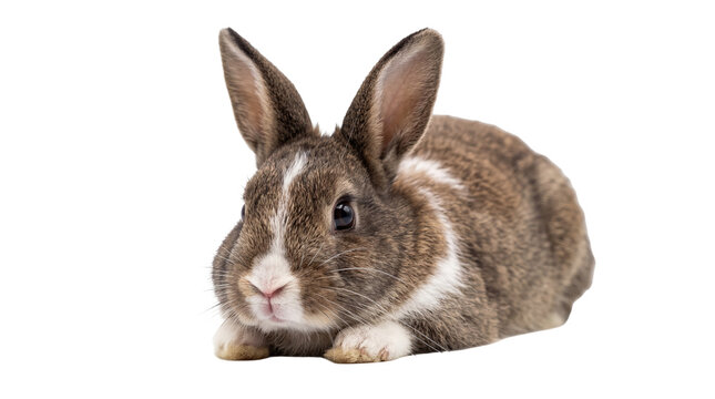 Adorable small brown and white domestic rabbit cute pet animal lying down looking directly at camera, isolated PNG on transparent background