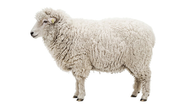 Fluffy white sheep with thick wool and an ear tag, standing calmly, isolated on transparent background, a farm animal PNG
