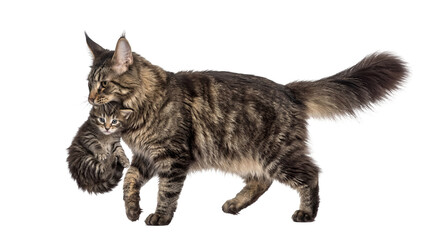 Majestic Maine Coon mother cat gently carrying her adorable tabby kitten in her mouth, isolated on...