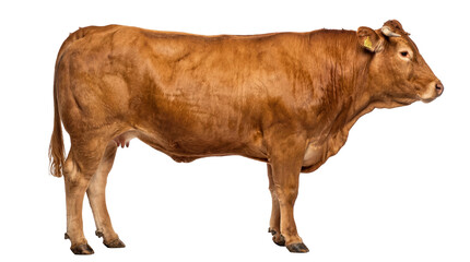 Full body profile of a brown Limousin cow standing, showing its ear tag and udder, isolated PNG on transparent background, livestock animal for agricultural designs © Hans