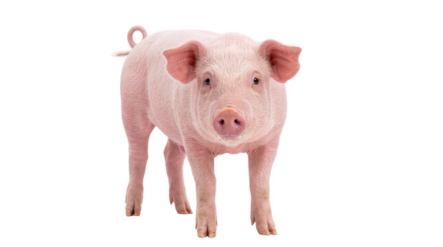 Adorable pink piglet standing front view, a young farm animal with curly tail isolated, studio shot, livestock concept PNG