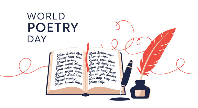 Vector illustration for World Poetry Day with book, quill, and inkwell