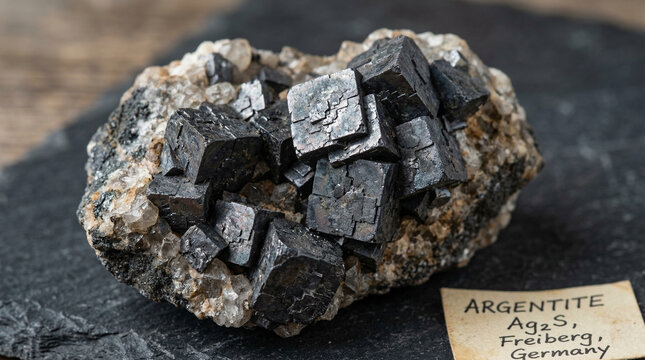 Close-up of argentite silver sulfide mineral with dark metallic cubic crystals, geological specimen concept for science brand or natural history editorial, no faces